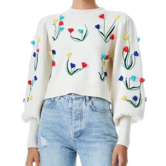 Alice + Olivia Wendel puff sleeve floral knit sweater